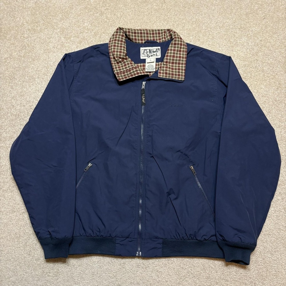Vtg LL Bean Jacket Mens Large Blue Nylon Plaid Lined Windbreaker Full Zip Bomber